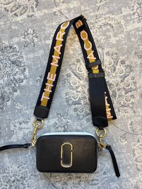 Marc Jacobs The Snapshot Black Leather Camera Crossbody Bag with Branded Strap